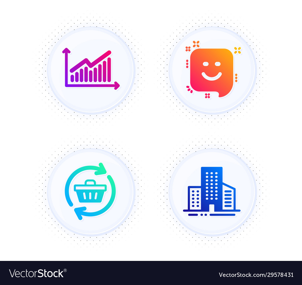 Smile graph and refresh cart icons set buildings