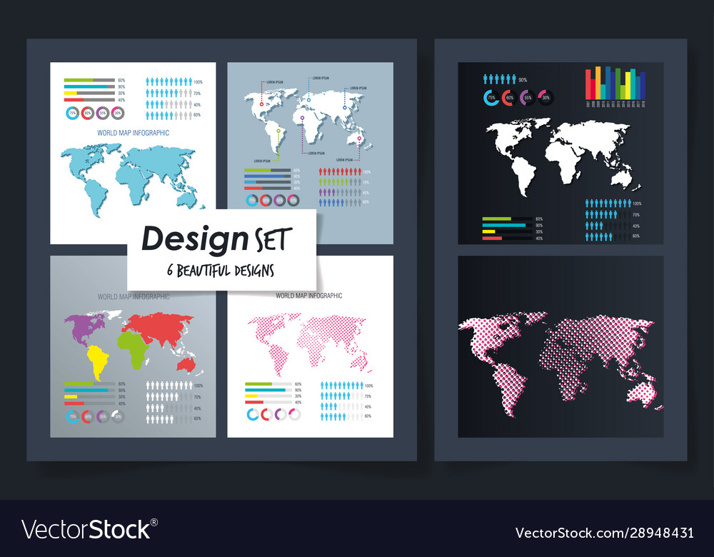 Workflows with world map set design vector image Workflows with world map set design