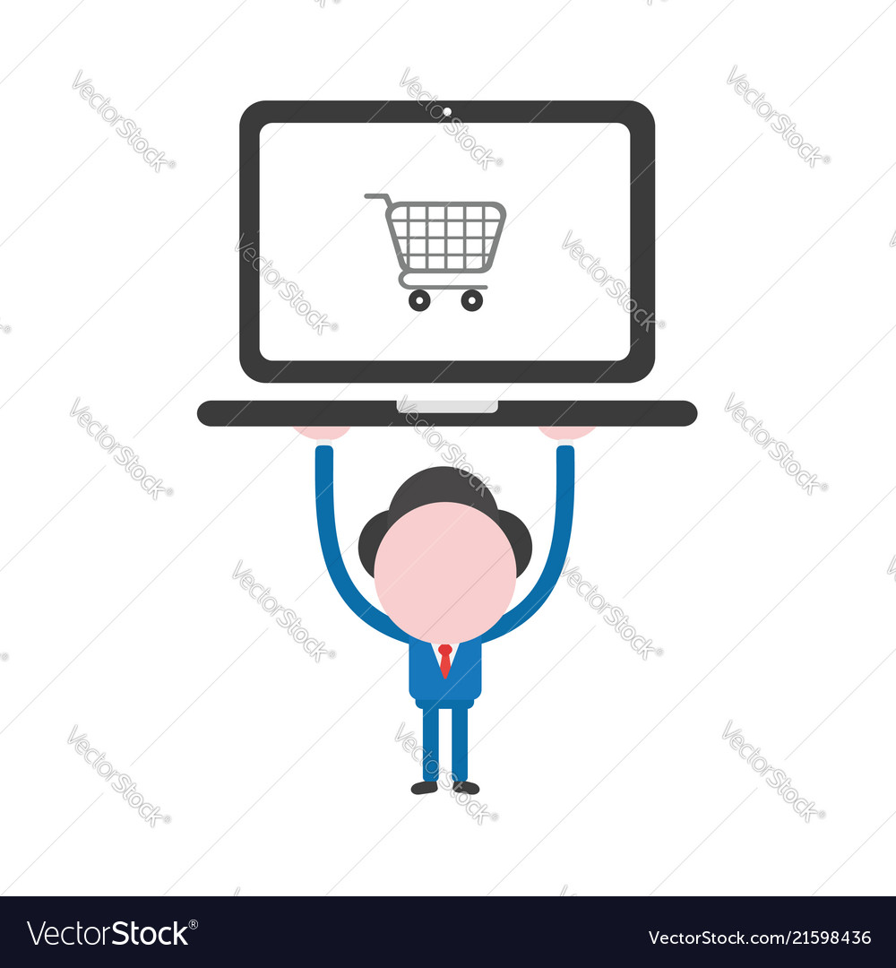 Businessman character holding up laptop computer