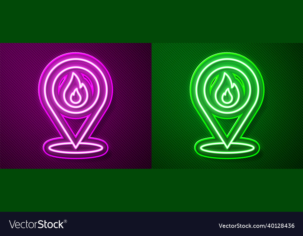 Glowing neon line map pointer with fire flame icon