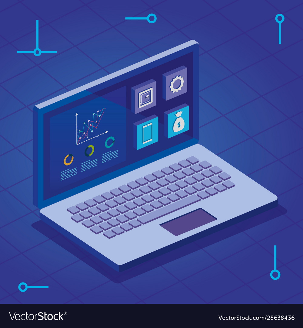 Laptop computer with infographics and app menu Vector Image Laptop computer with infographics and app menu