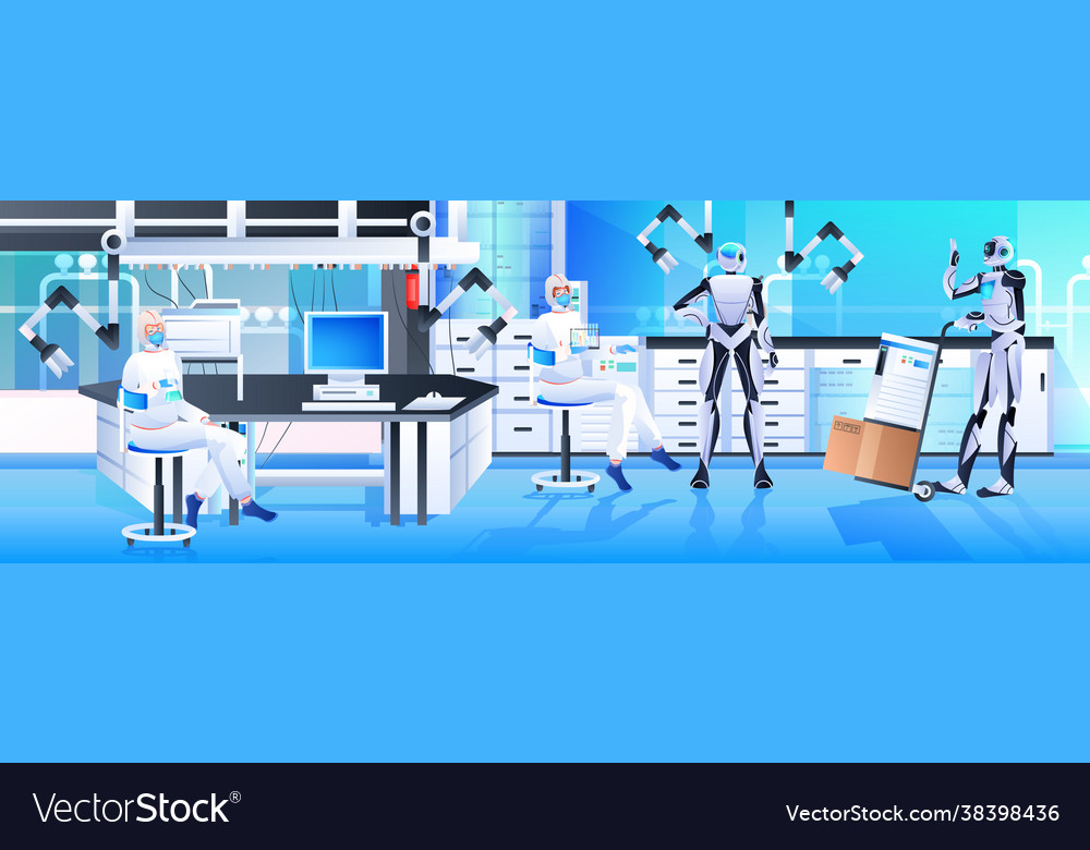 Robots with scientists in protective suits making vector image Robots with scientists in protective suits making