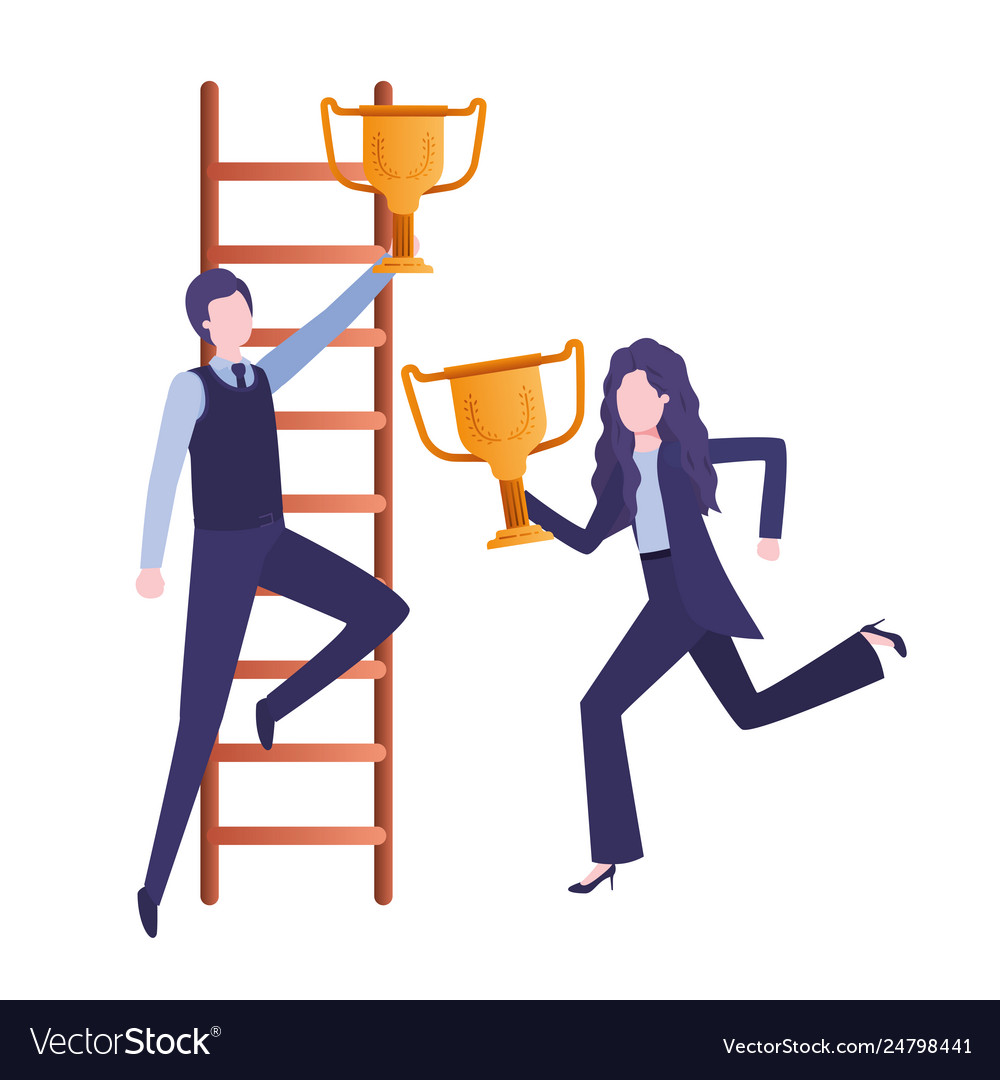 Business couple with stair and trophy avatar