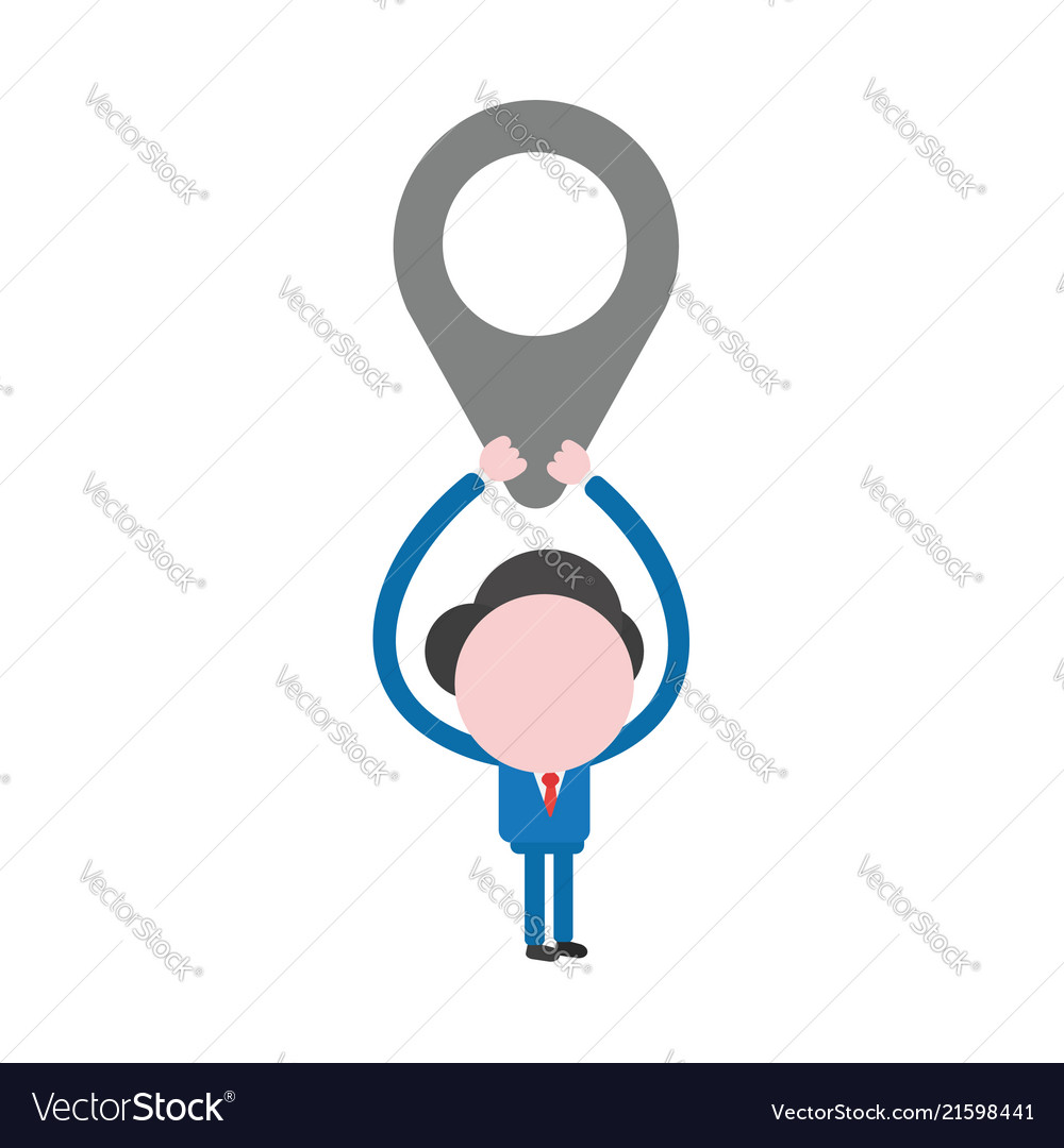 Businessman character holding up map pointer vector image Businessman character holding up map pointer