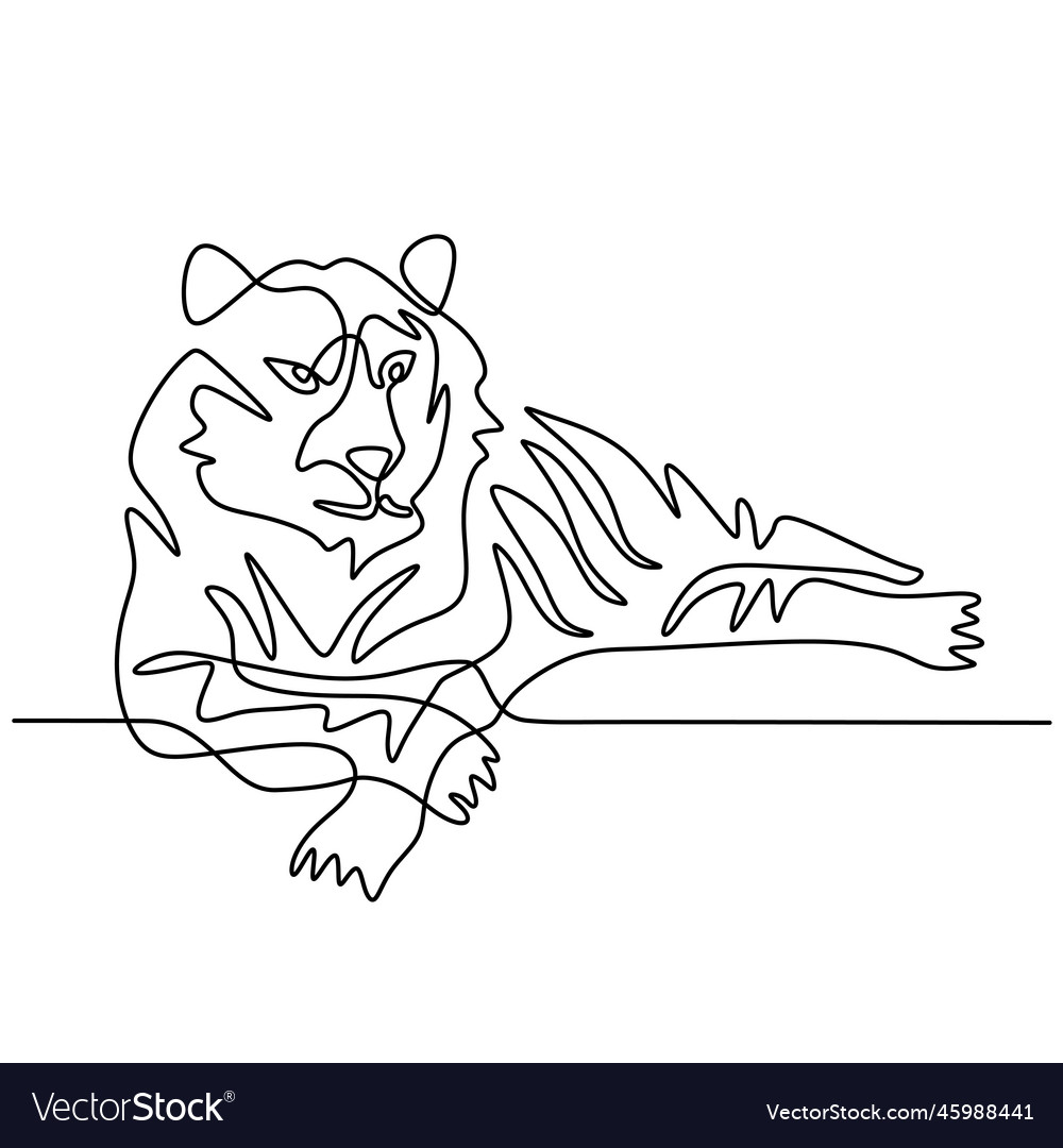 Continuous one line drawing of tiger rest lying vector image Continuous one line drawing of tiger rest lying
