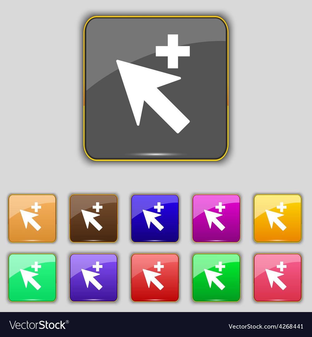 Cursor arrow plus add icon sign set with eleven