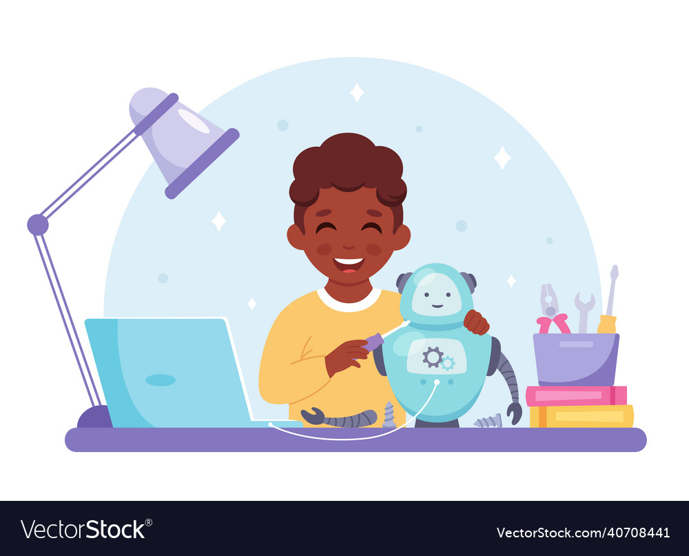 Little black boy creating a robot robotics vector image Little black boy creating a robot robotics