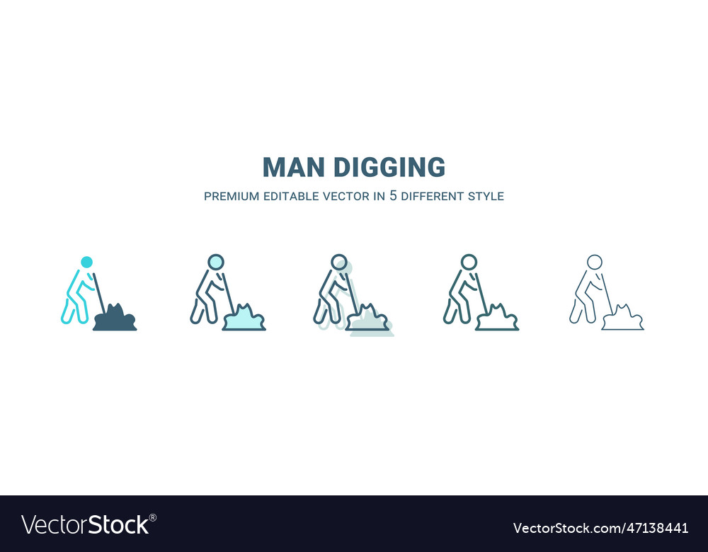 Man digging icon in 5 different style outline vector image Man digging icon in 5 different style outline