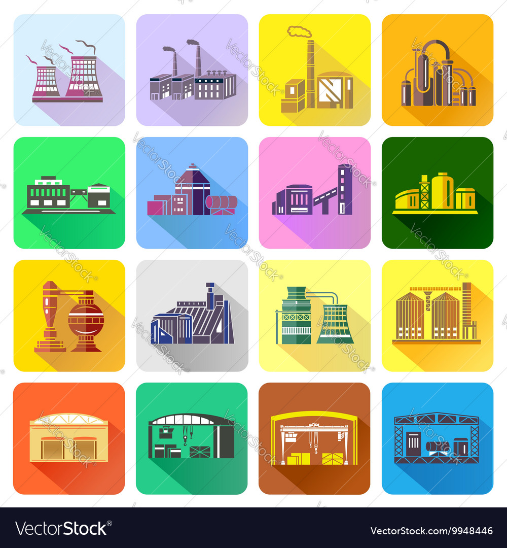 Factory icons set in flat style Royalty Free Vector Image