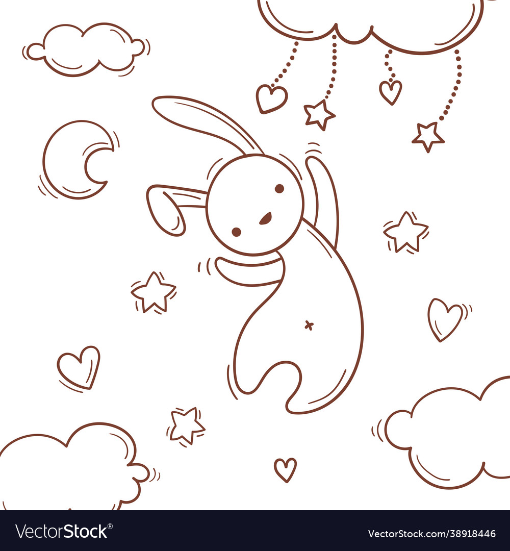 Hand drawn flying toy rabbit among clouds