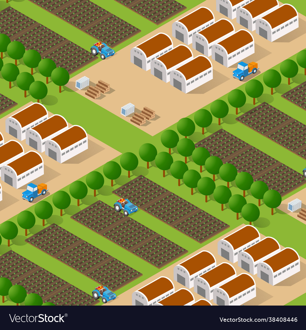 Rural isometric ranch farm with trees fields Vector Image