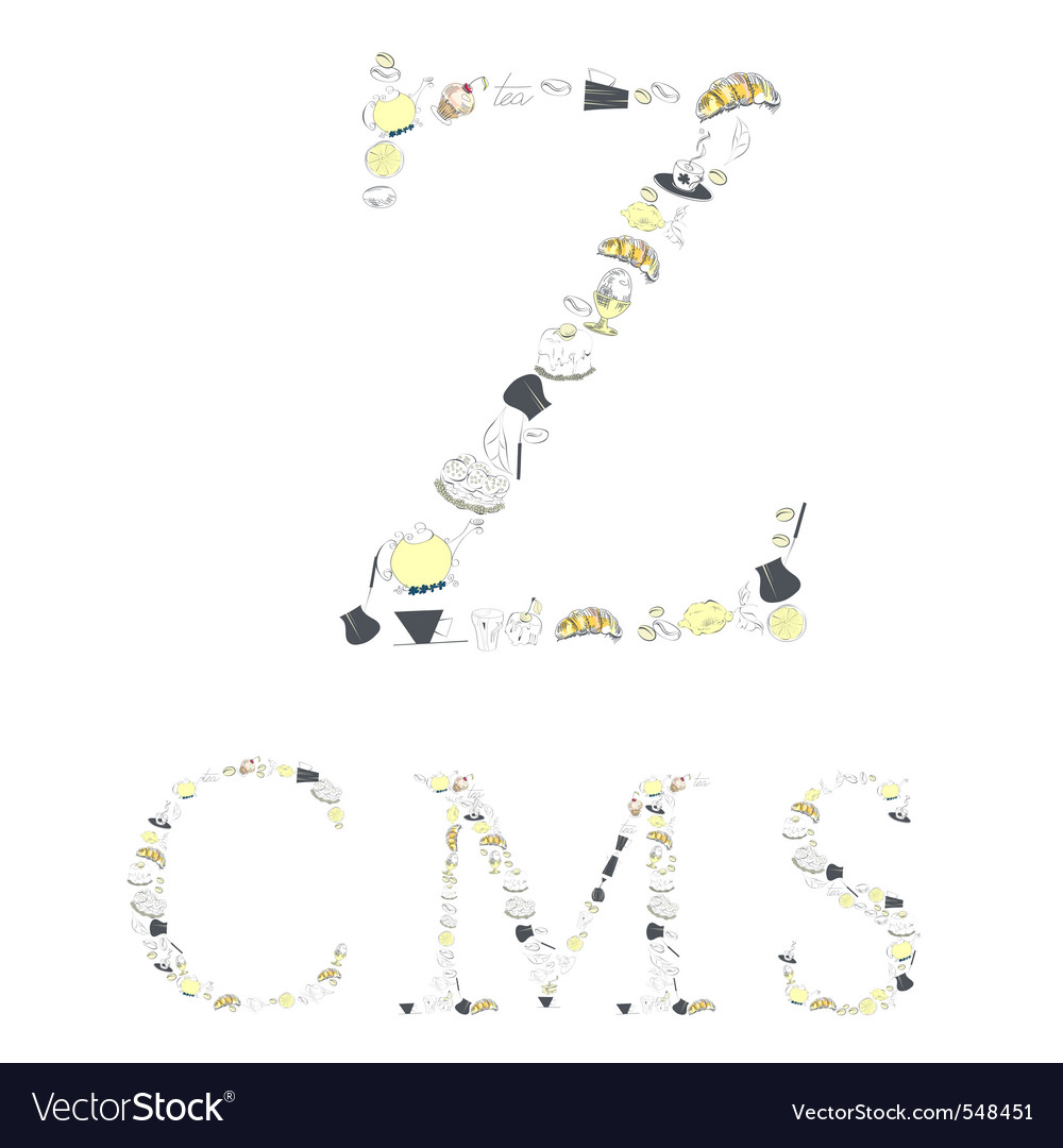 Decorative font with food element letters z c m s