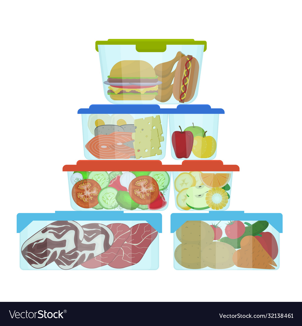 Cartoon color plastic containers with food set Vector Image