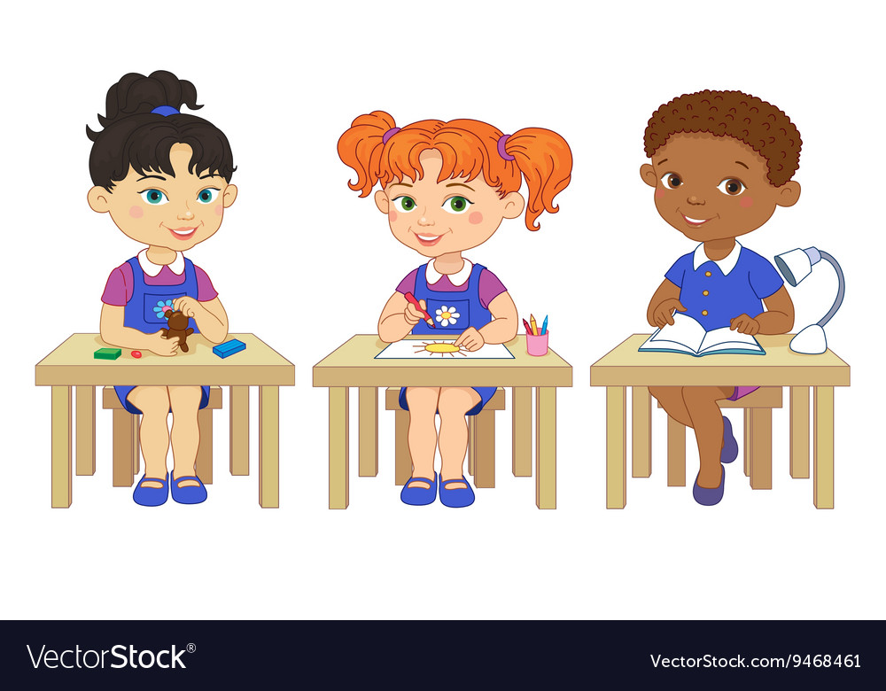 Funny pupils sit on desks read draw clay cartoon Vector Image Funny pupils sit on desks read draw clay cartoon Vector Image