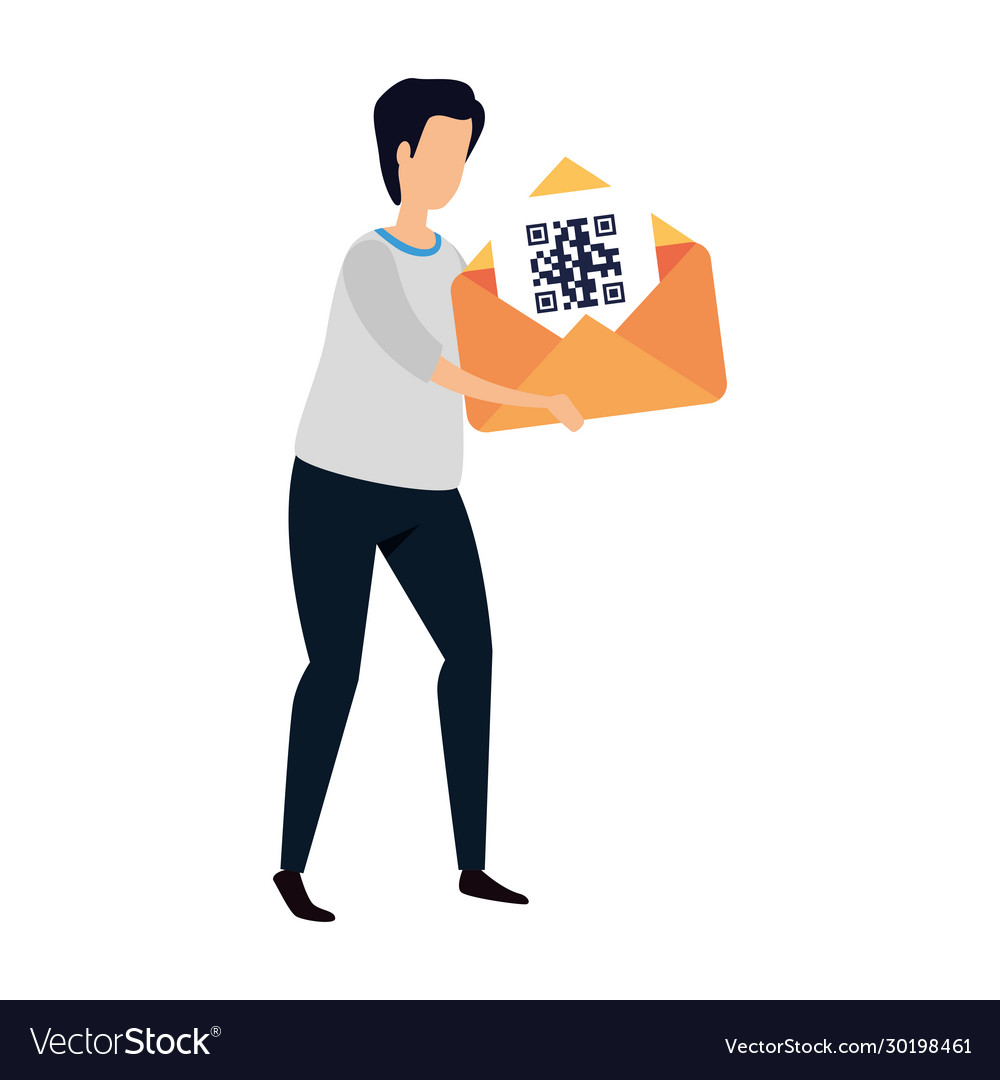 Man and envelope with qr code isolated icon