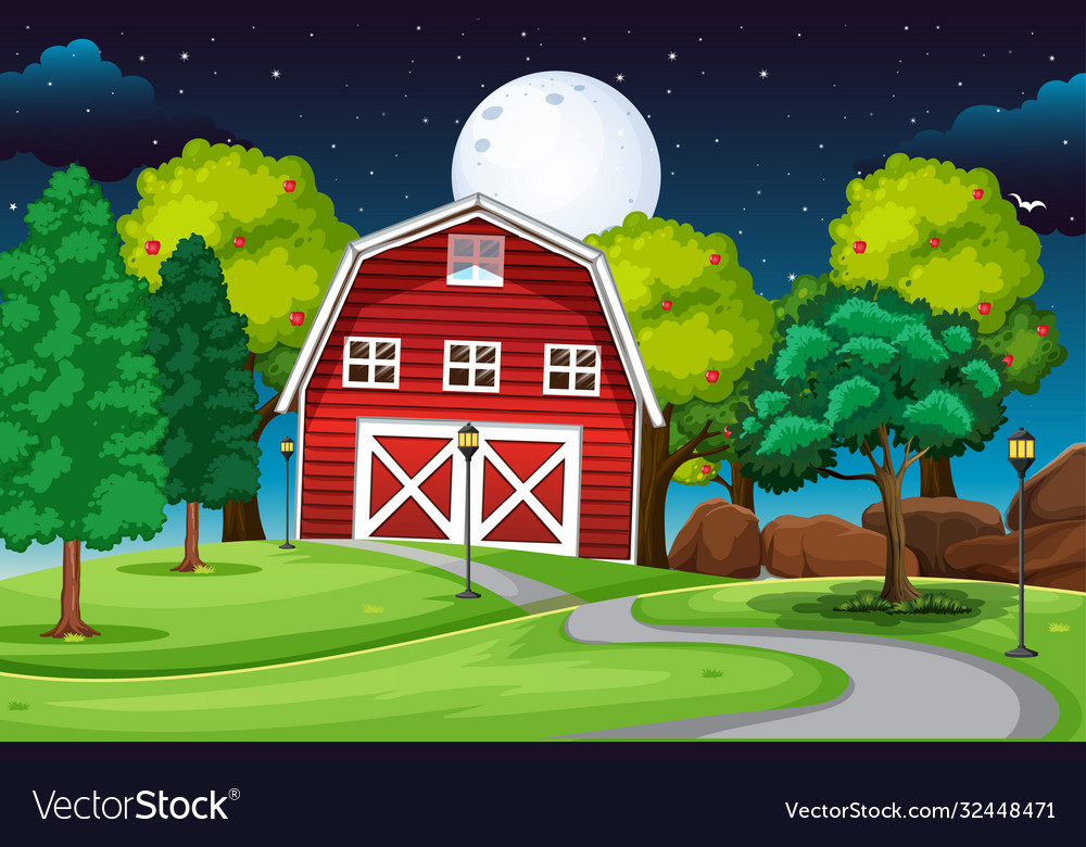 Farm scene with barn and long road at night Vector Image