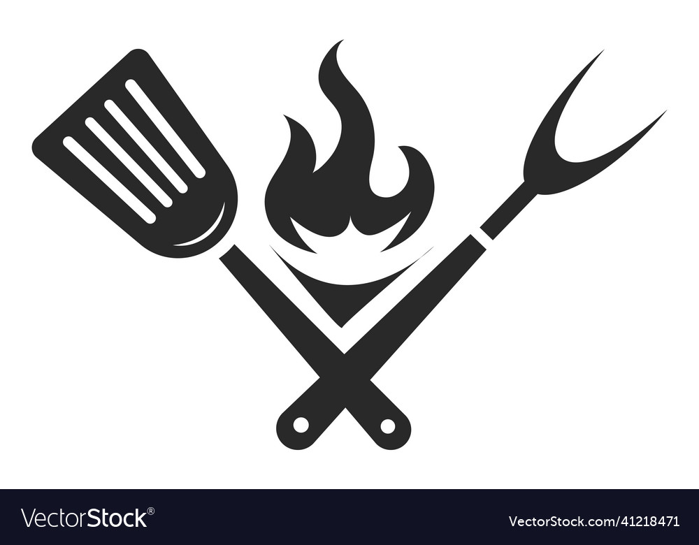 Grill tools with fire black barbecue logo meat Vector Image