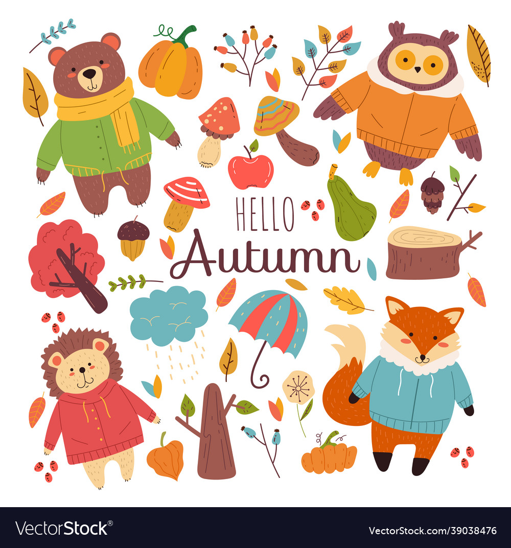 Autumn forest animals hand drawn doodle Royalty Free Vector