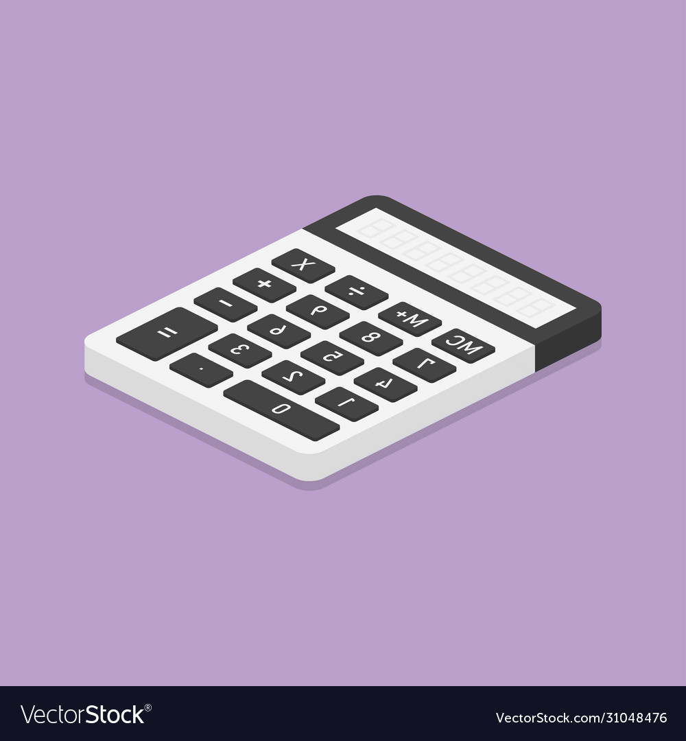 Grey calculator with black buttons on violet