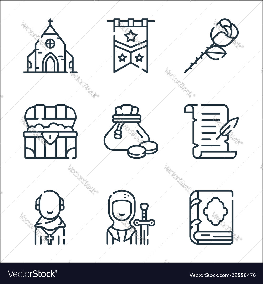Medieval times line icons linear set quality vector image Medieval times line icons linear set quality