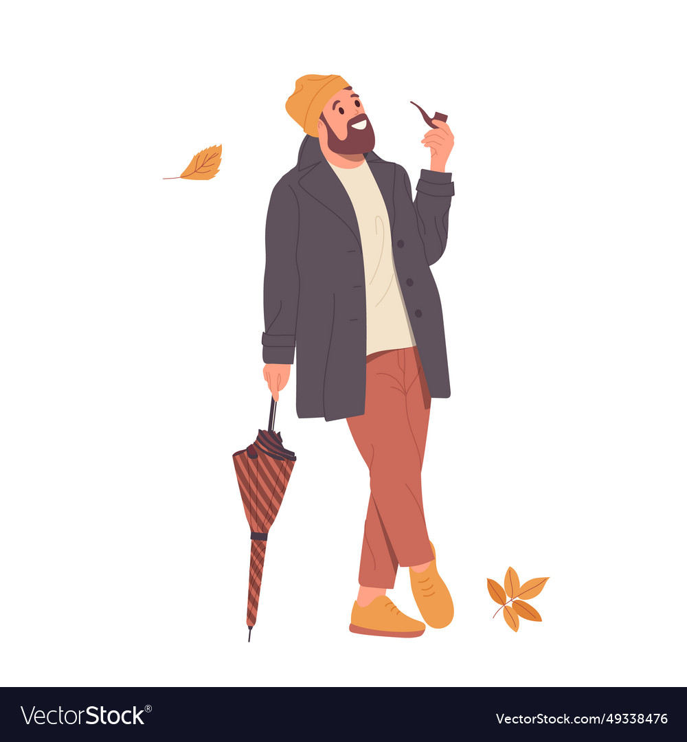 Young hipster man walking in autumn street smoking vector image Young hipster man walking in autumn street smoking