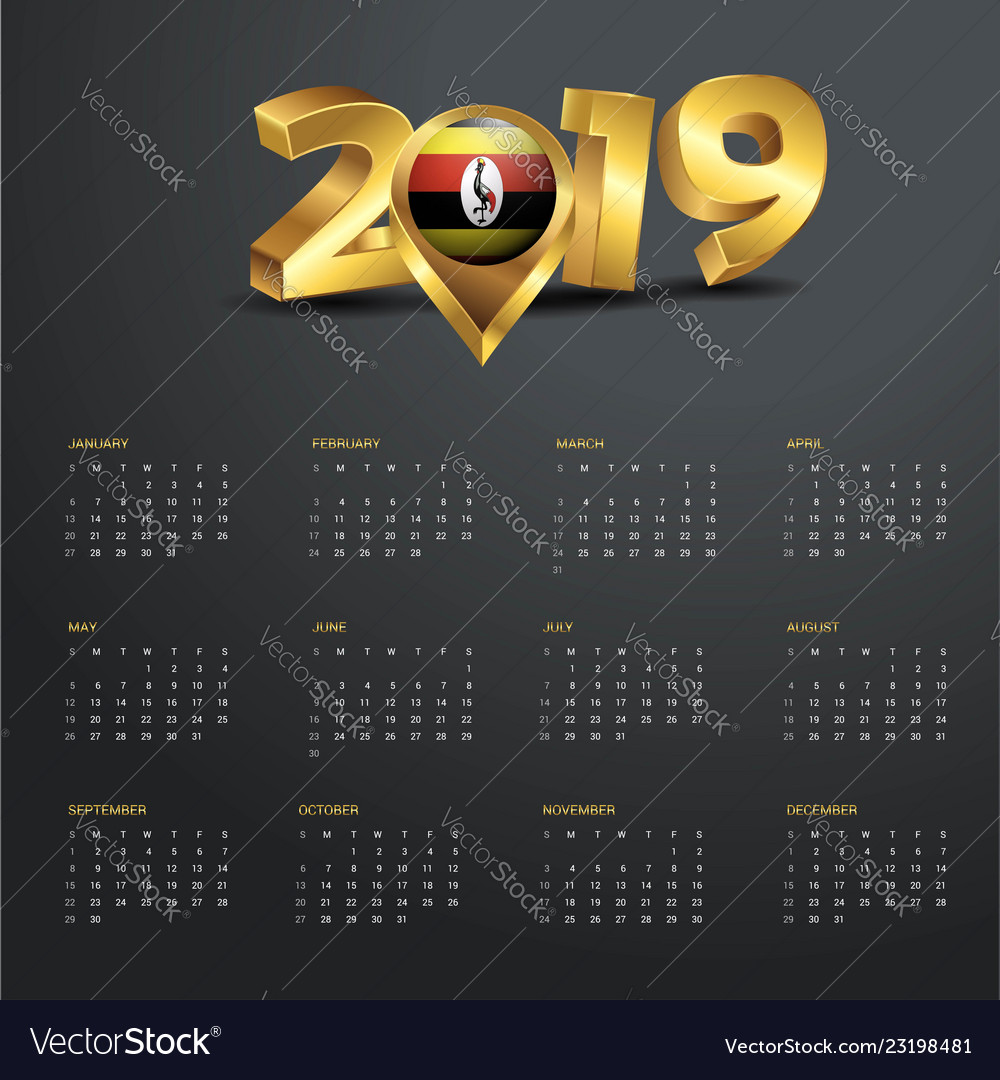 2019 calendar template uganda country map golden