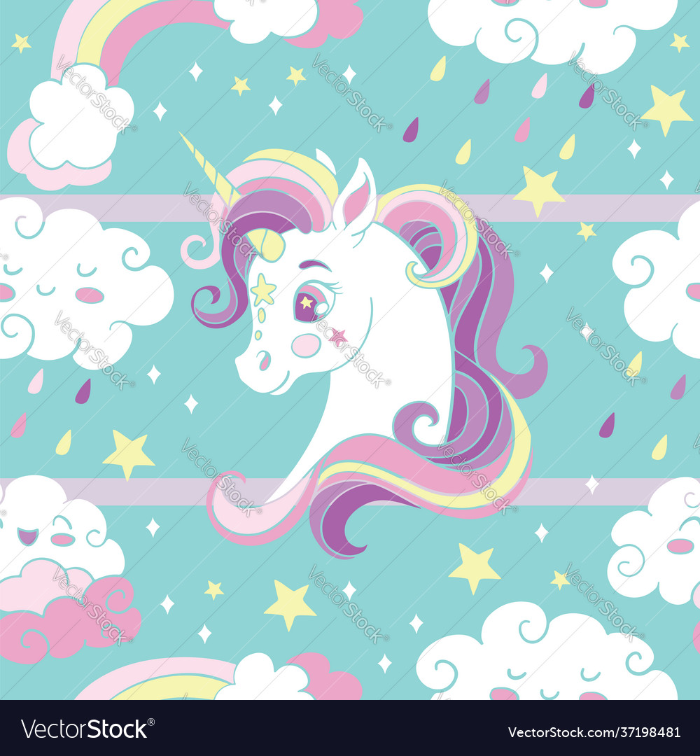 Seamless pattern with heads unicorn and clouds vector image Seamless pattern with heads unicorn and clouds