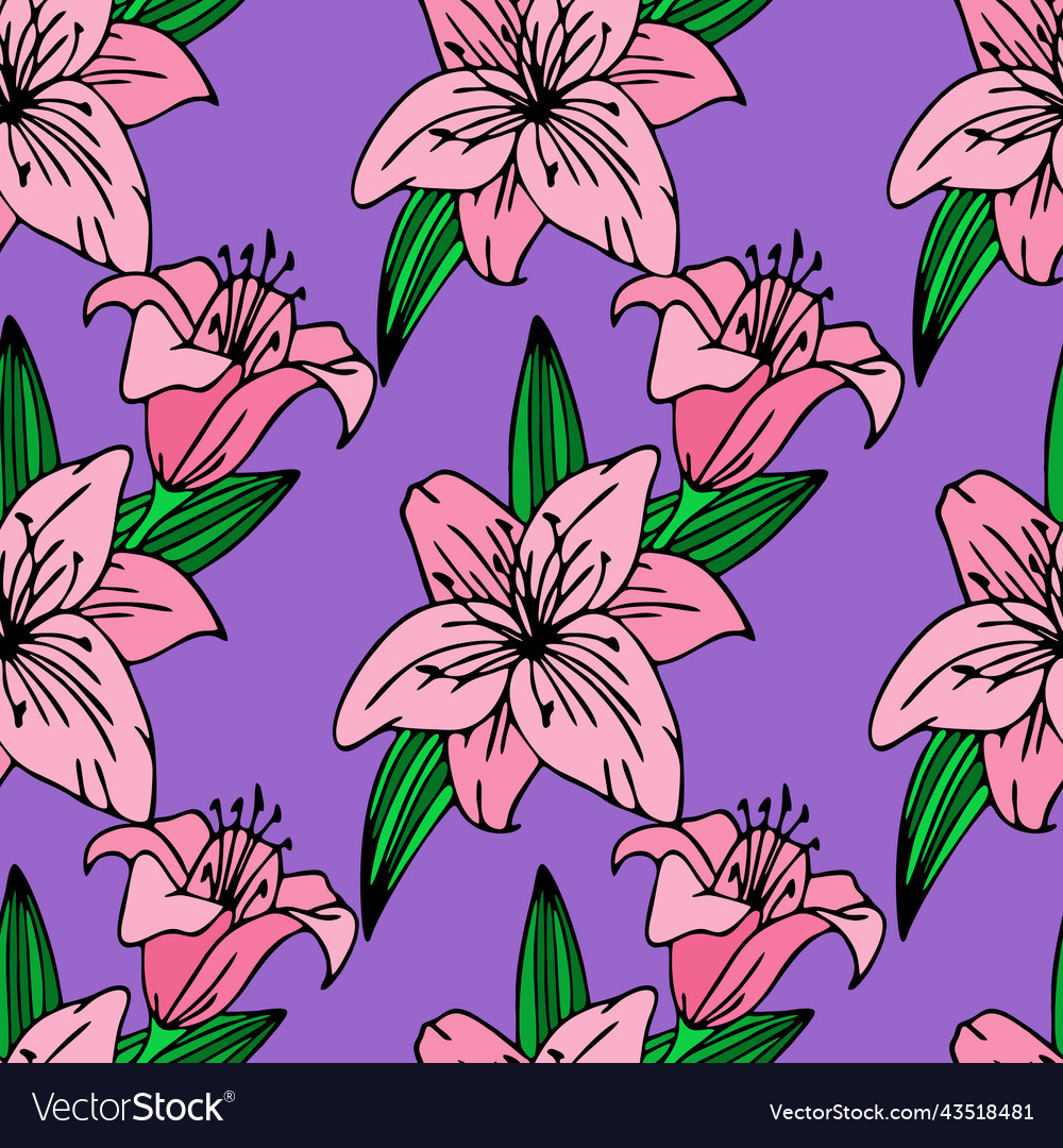 Seamless repeating pattern of large pink lily vector image Seamless repeating pattern of large pink lily