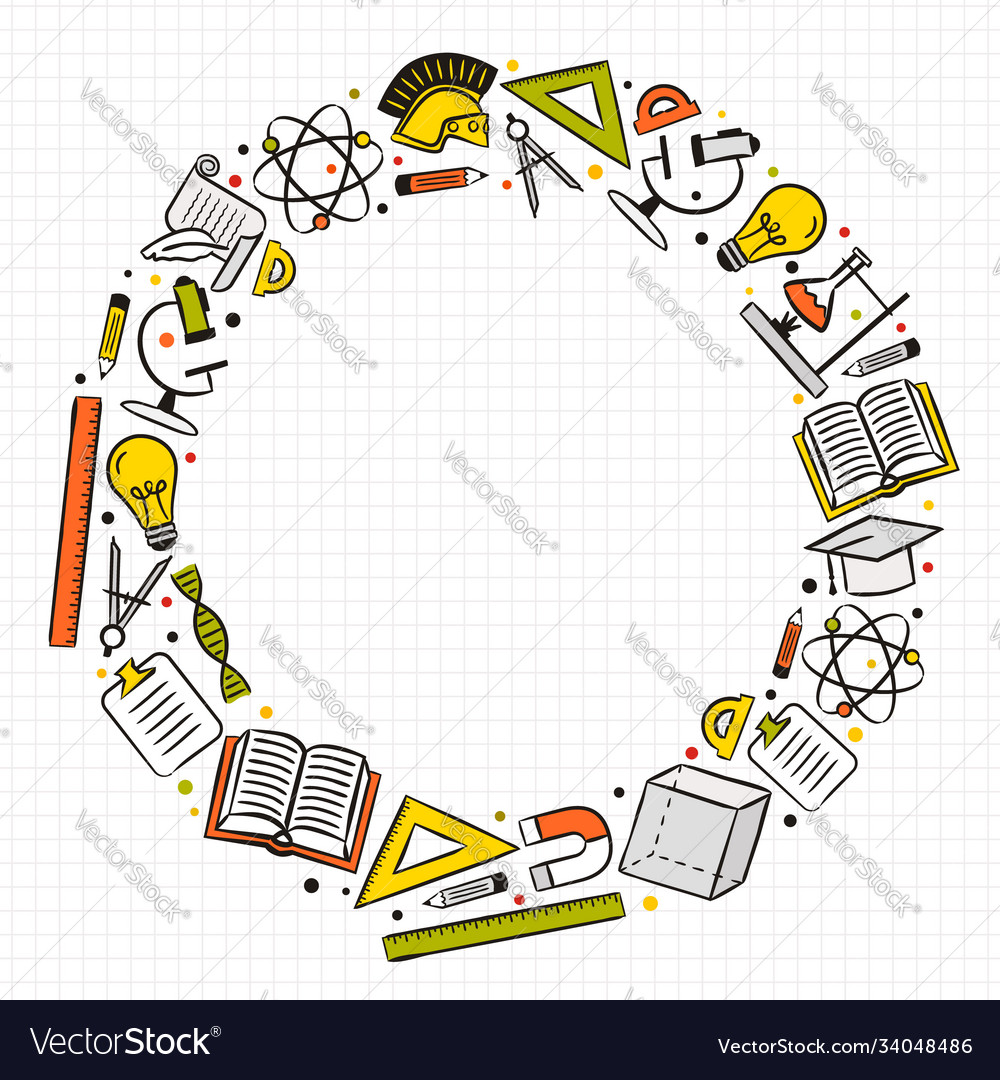 A round frame made hand-drawn school elements