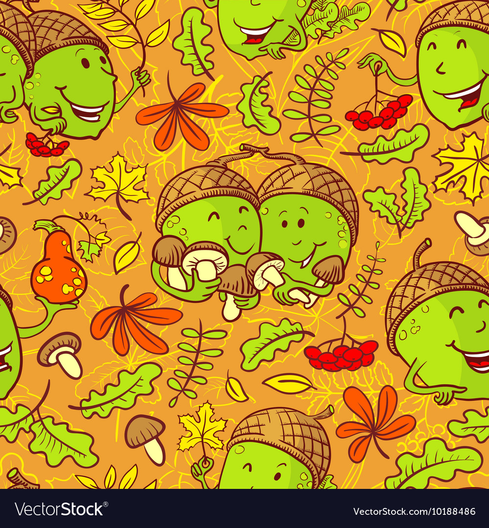 Fall season seamless pattern with smiling acorn
