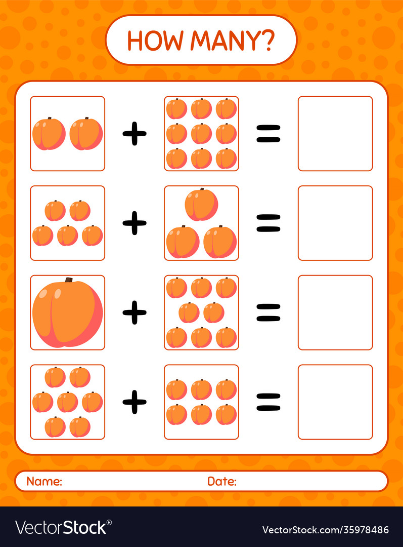 How Many Counting Game With Peach Worksheet Vector Image