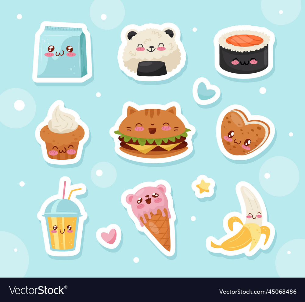 Kawaii food with tasty meal cute faces Royalty Free Vector