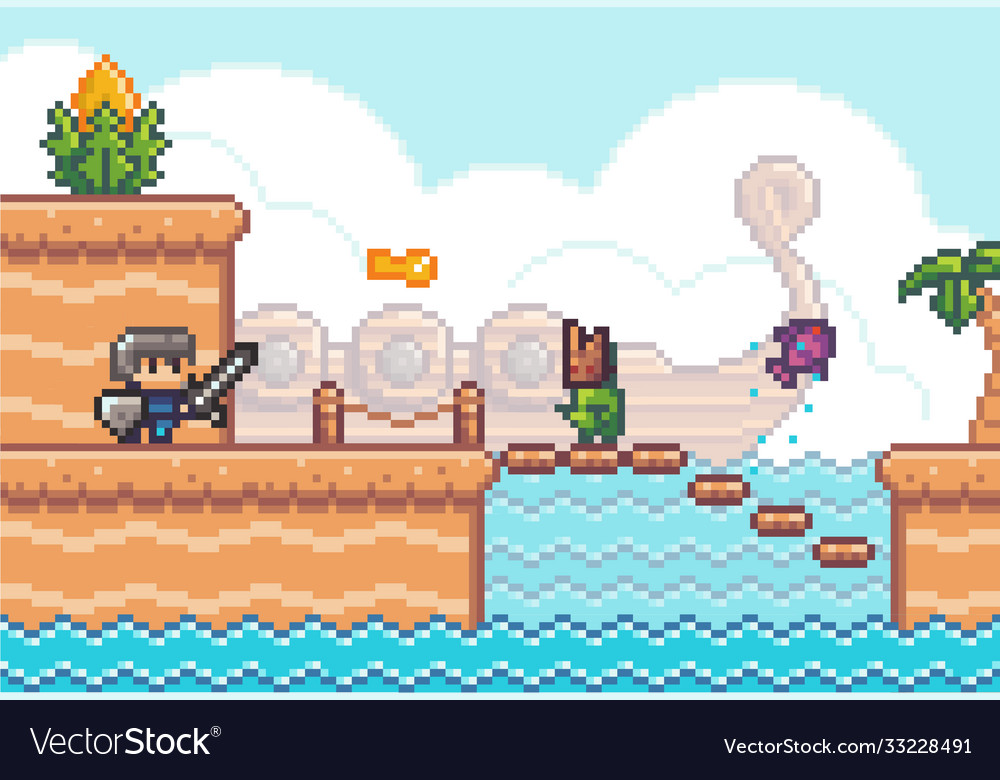 Pixel art style character in game arcade play vector image Pixel art style character in game arcade play