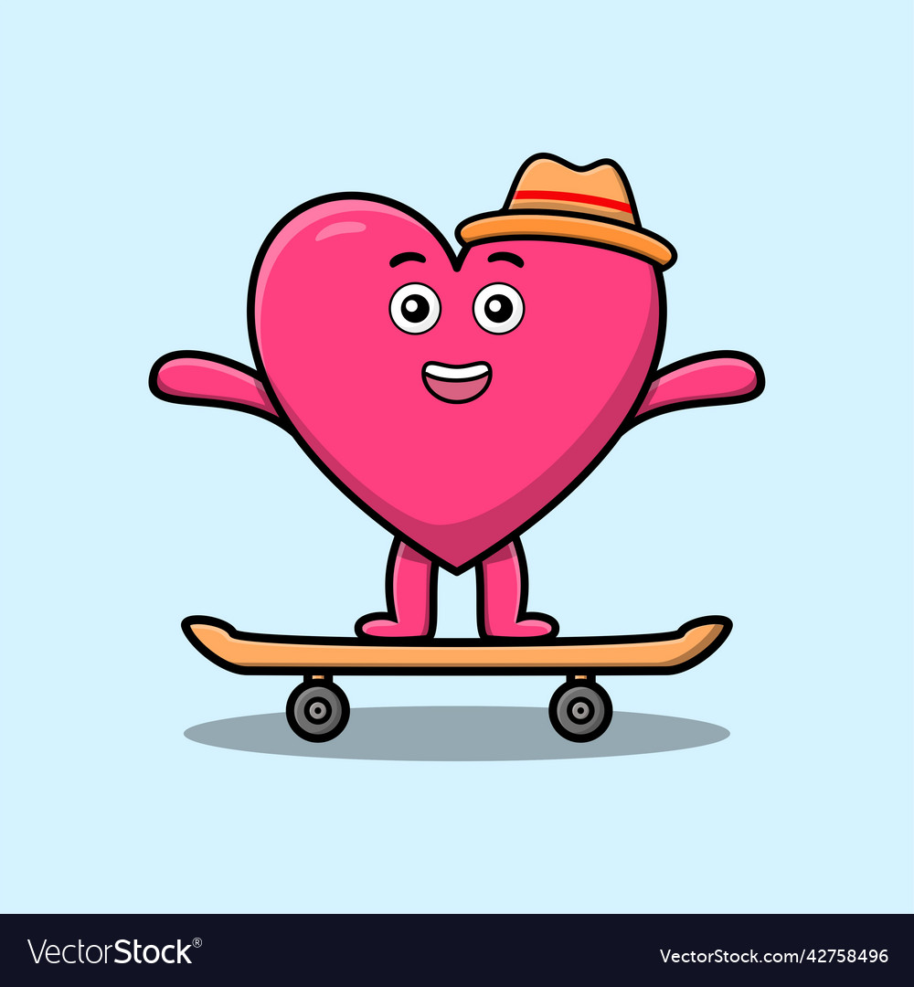 Cute cartoon lovely heart standing on skateboard