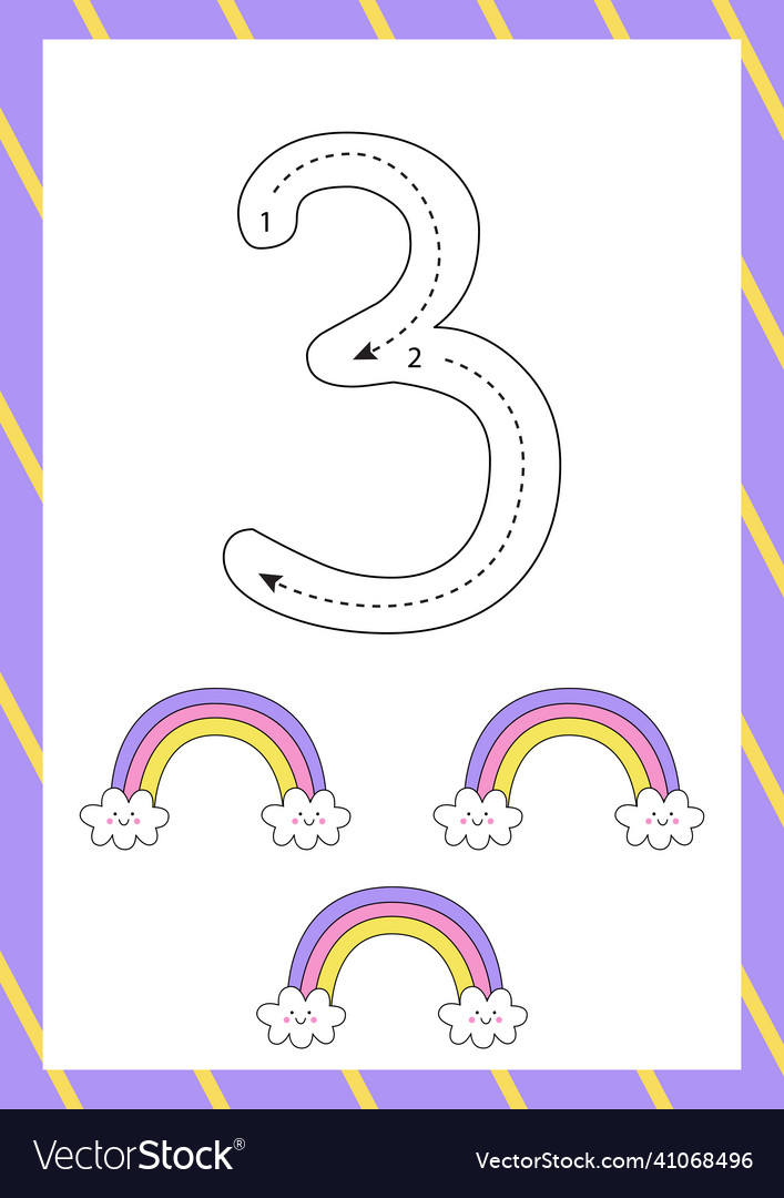 Cute flashcard how to write number three vector image Cute flashcard how to write number three