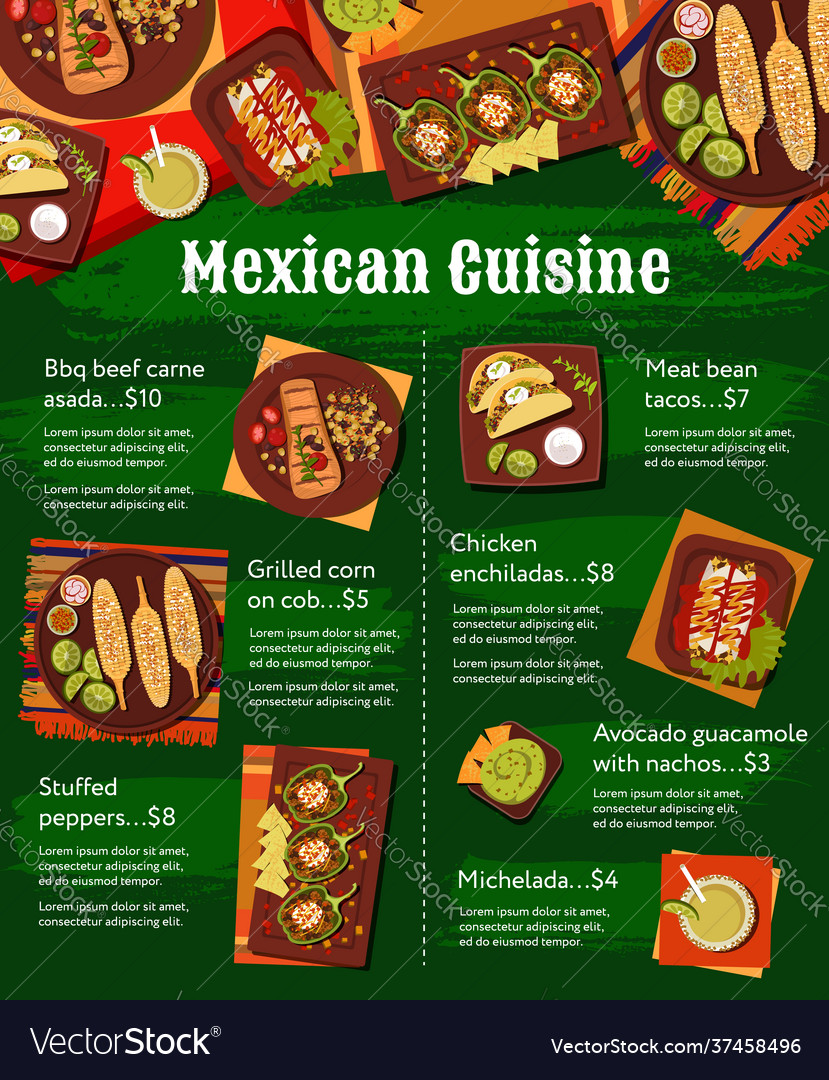 Mexican cuisine meals menu Royalty Free Vector Image