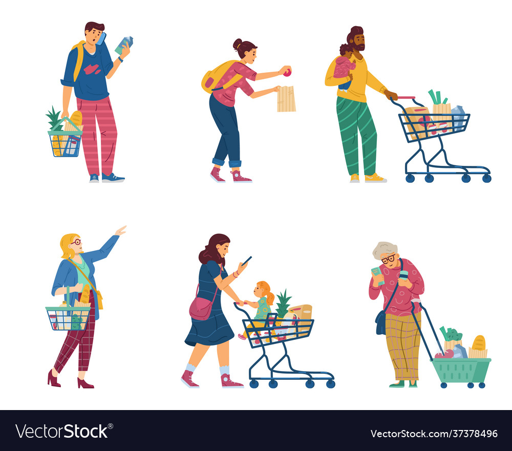 People different ages shop in supermarket flat Vector Image