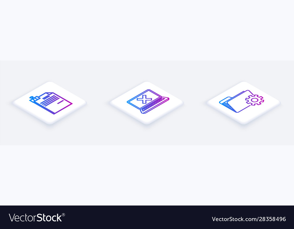 Set isometric line file document and binder clip vector image Set isometric line file document and binder clip