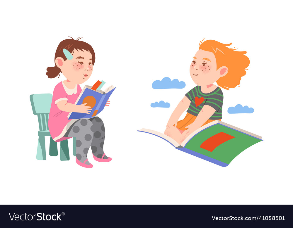 Adorable little girls reading books set young