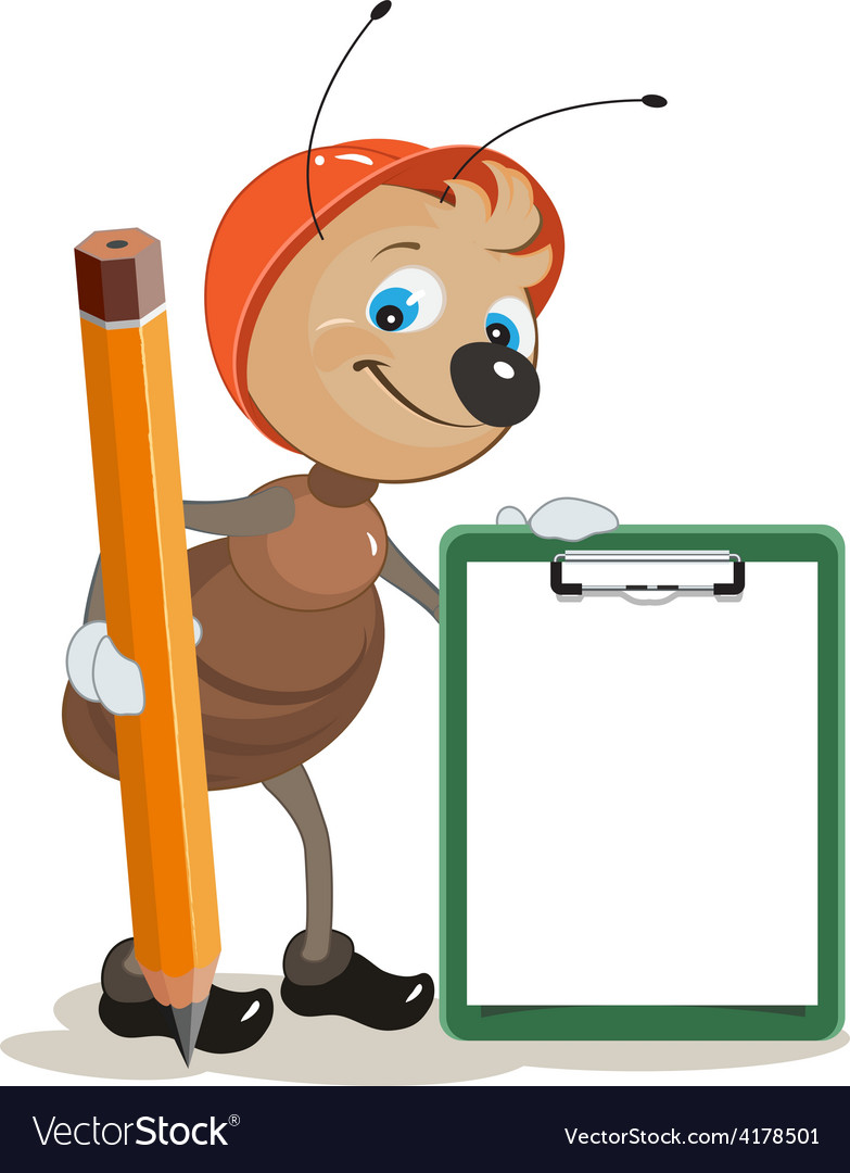 Ant builder holds clipboard and large pencil Vector Image