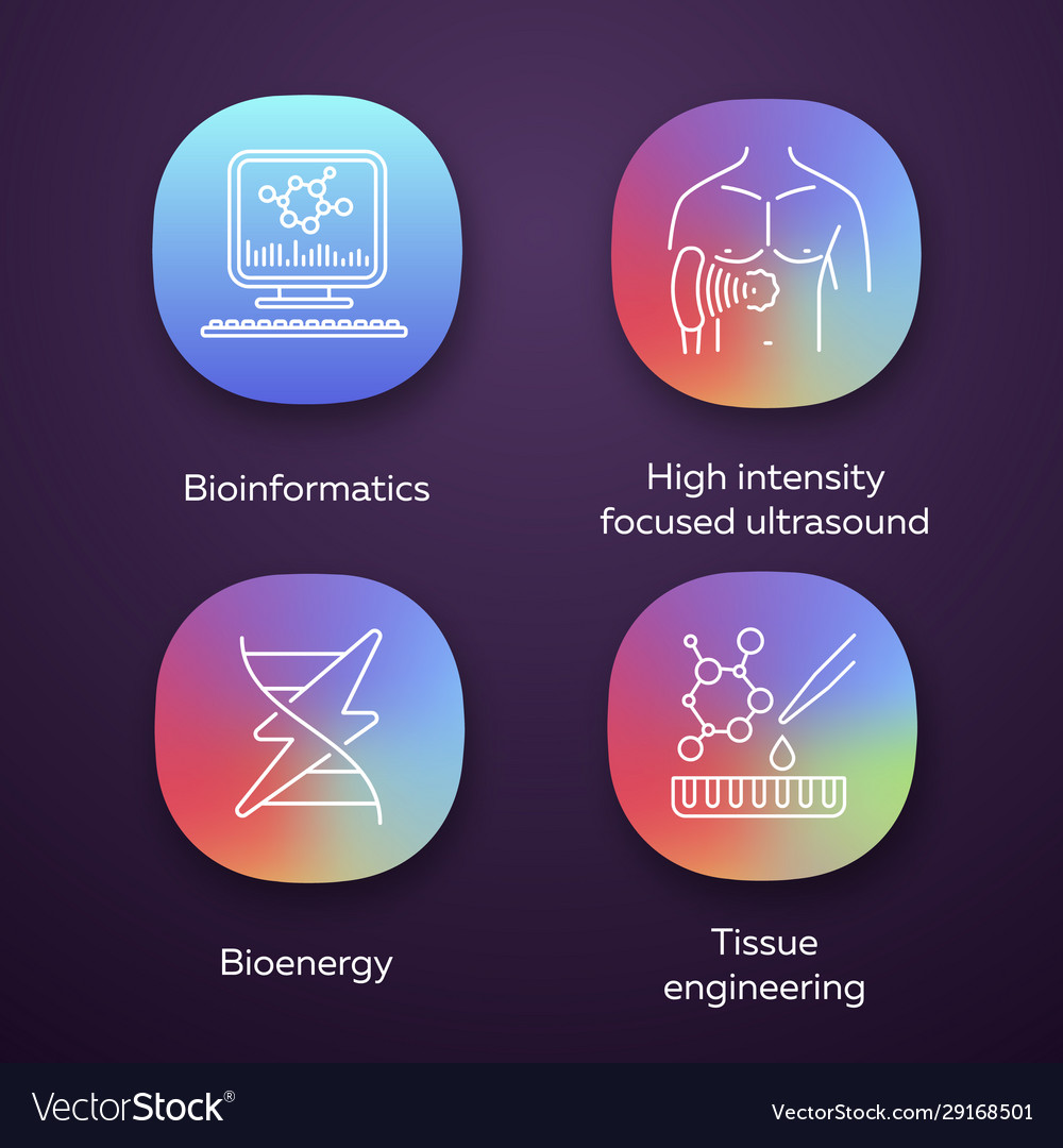 Biotechnology app icons set bioengineering hifu