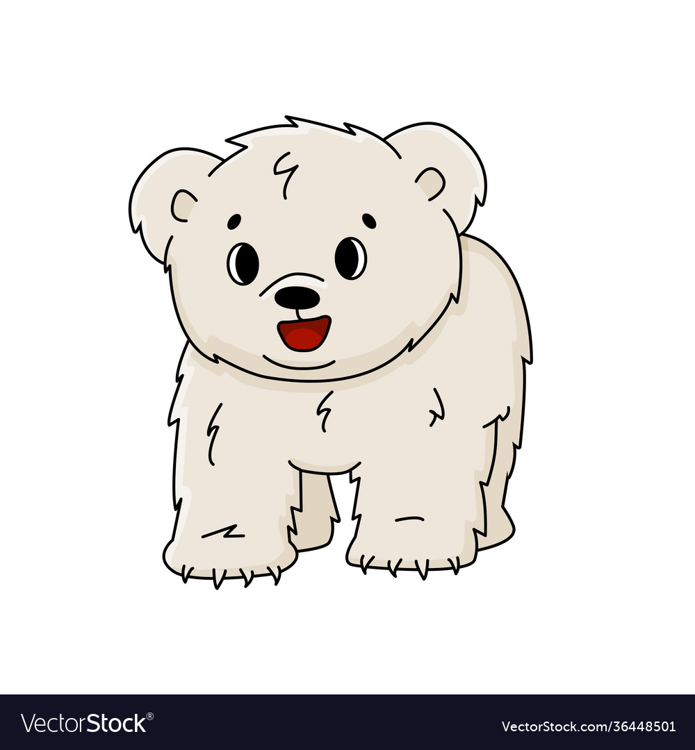 Cartoon little polar bear cub stands on all