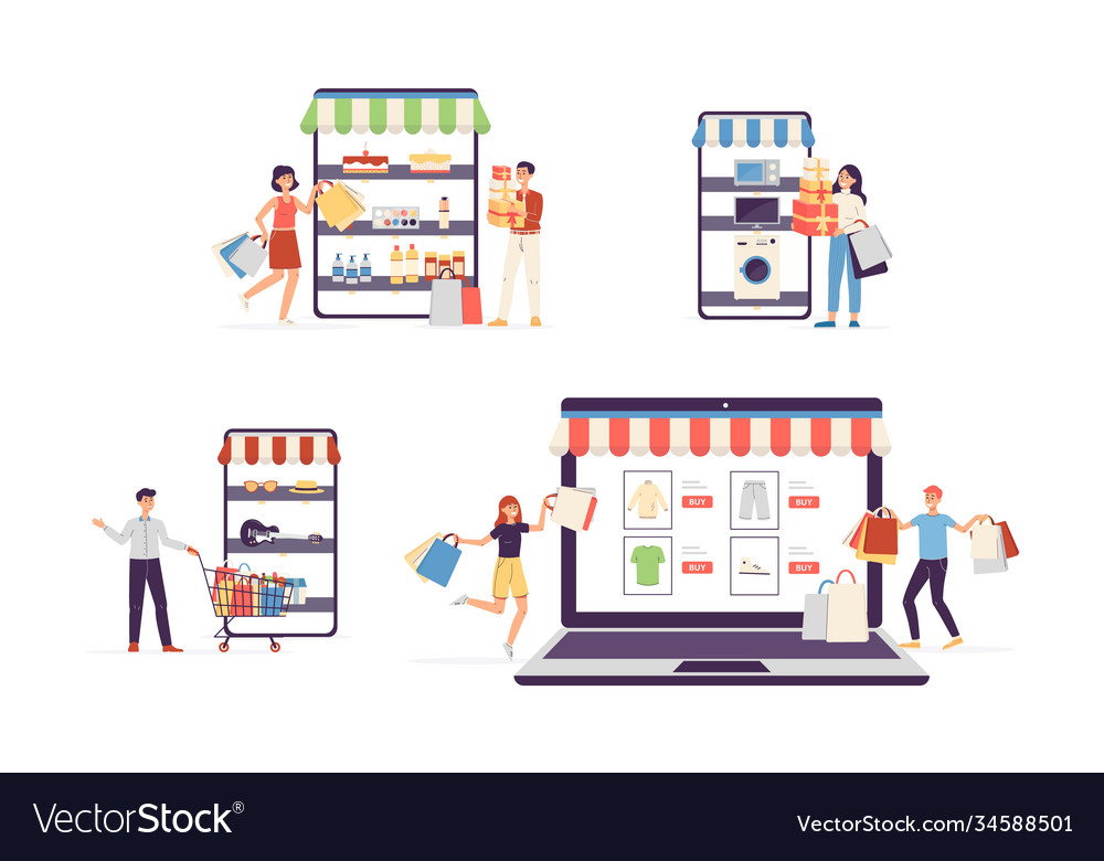 Set people shopping online via internet flat