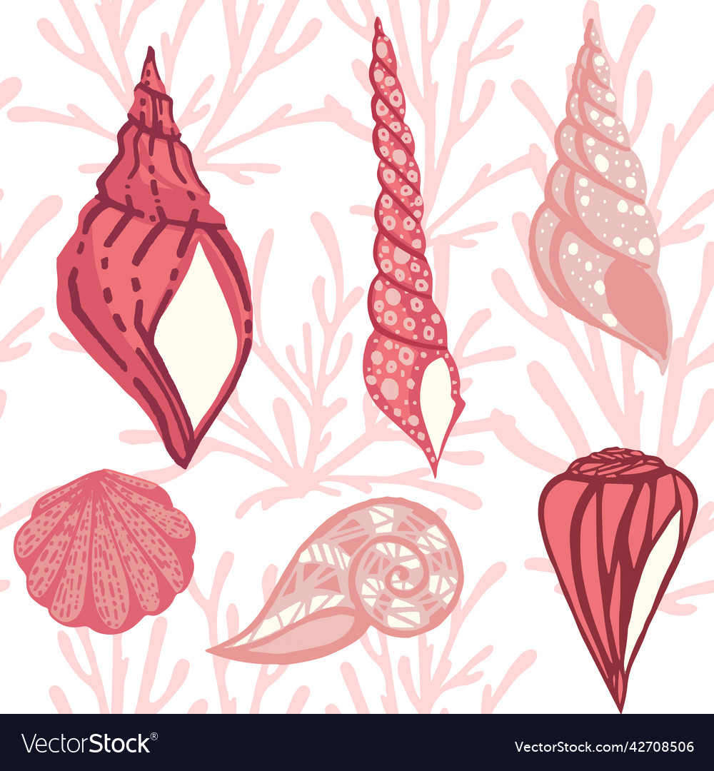 Seamless pattern big different seashell vector image Seamless pattern big different seashell