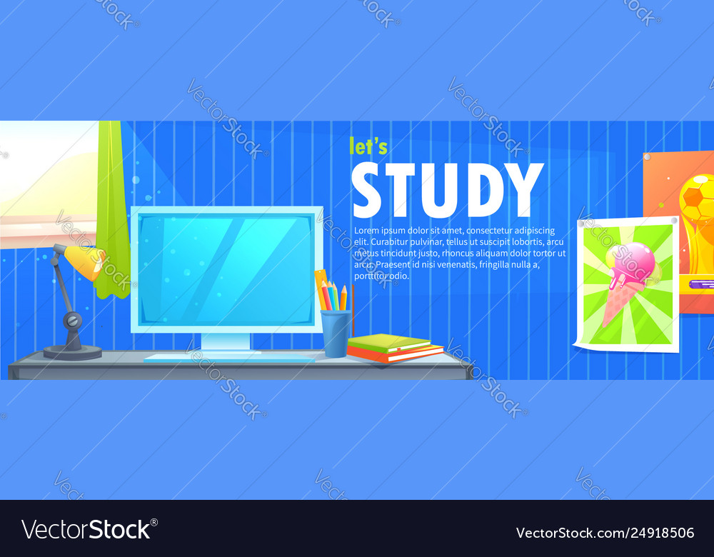 Workplace with a computer desk on which are books vector image Workplace with a computer desk on which are books