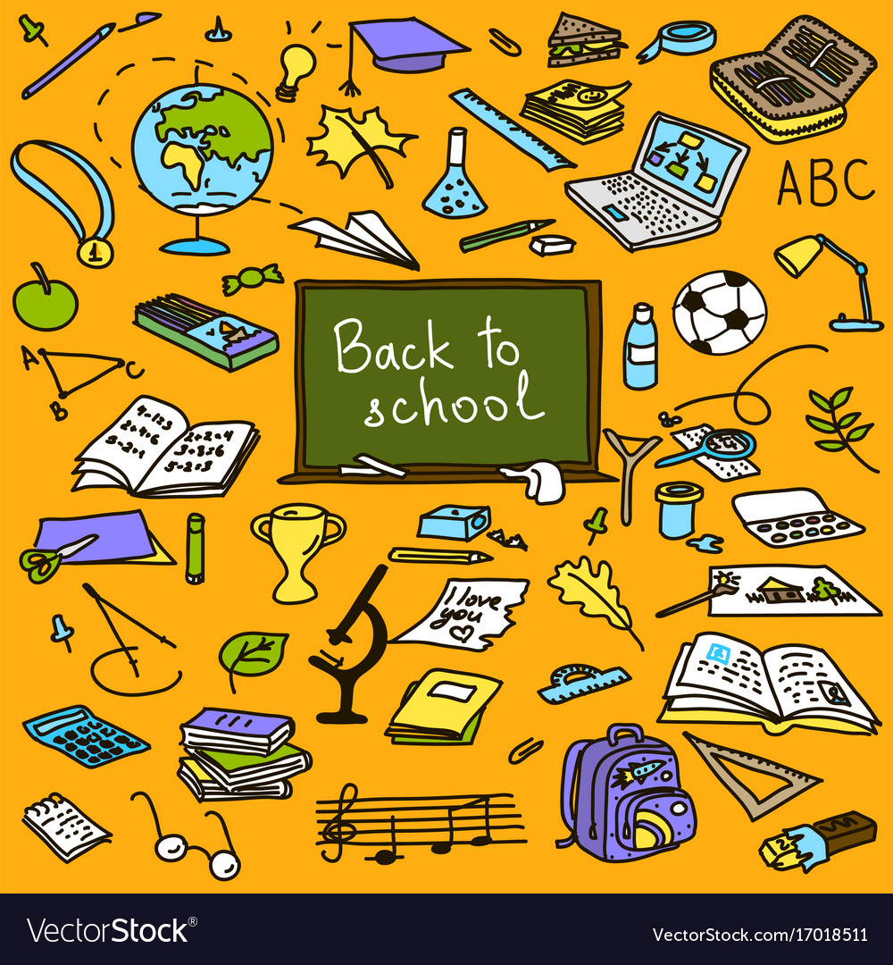 Back to school hand drawn colored objects sketch