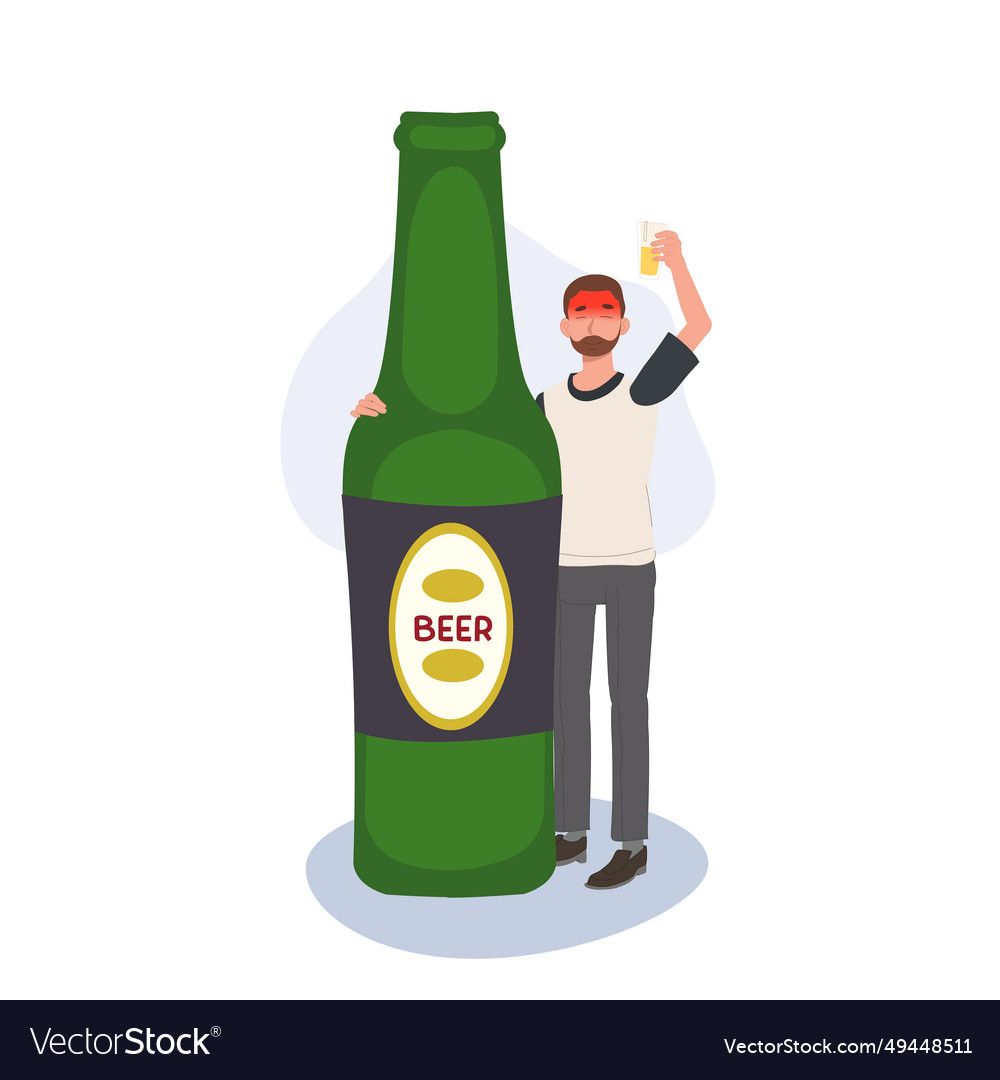 Drunk man with glass of beer and big bottle