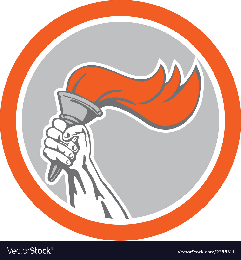Hand holding flaming torch circle retro Royalty Free Vector