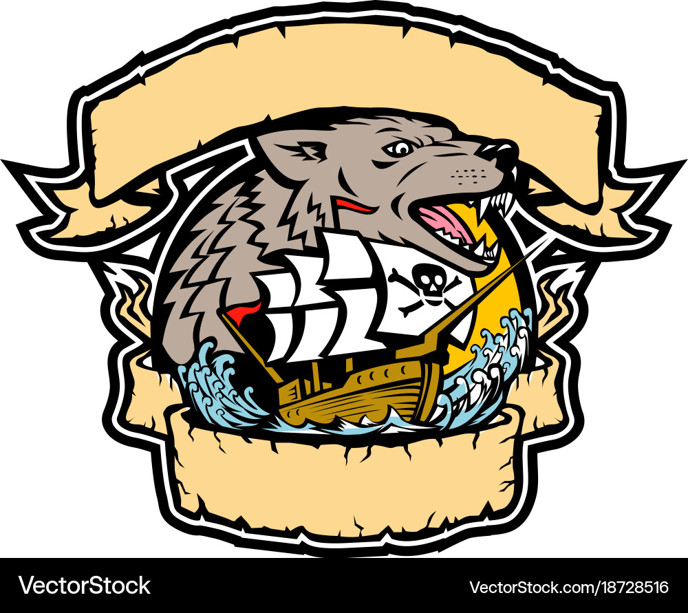 Angry Wolf Pirate Ship Banner Retro Royalty Free Vector