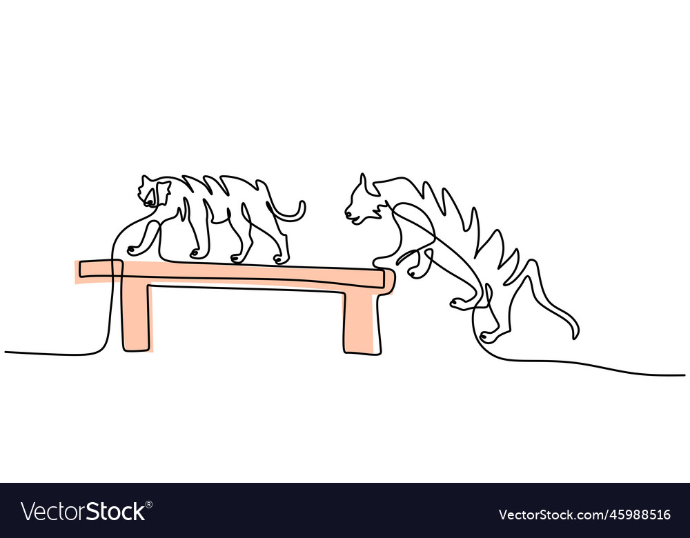 Continuous one single line of two tigers playing vector image Continuous one single line of two tigers playing